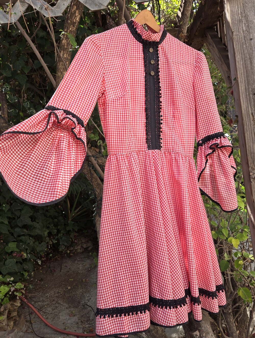 🎈Sale! Vintage Handmade Witchy Gingham Bell Sleeve Prairie Dress S M